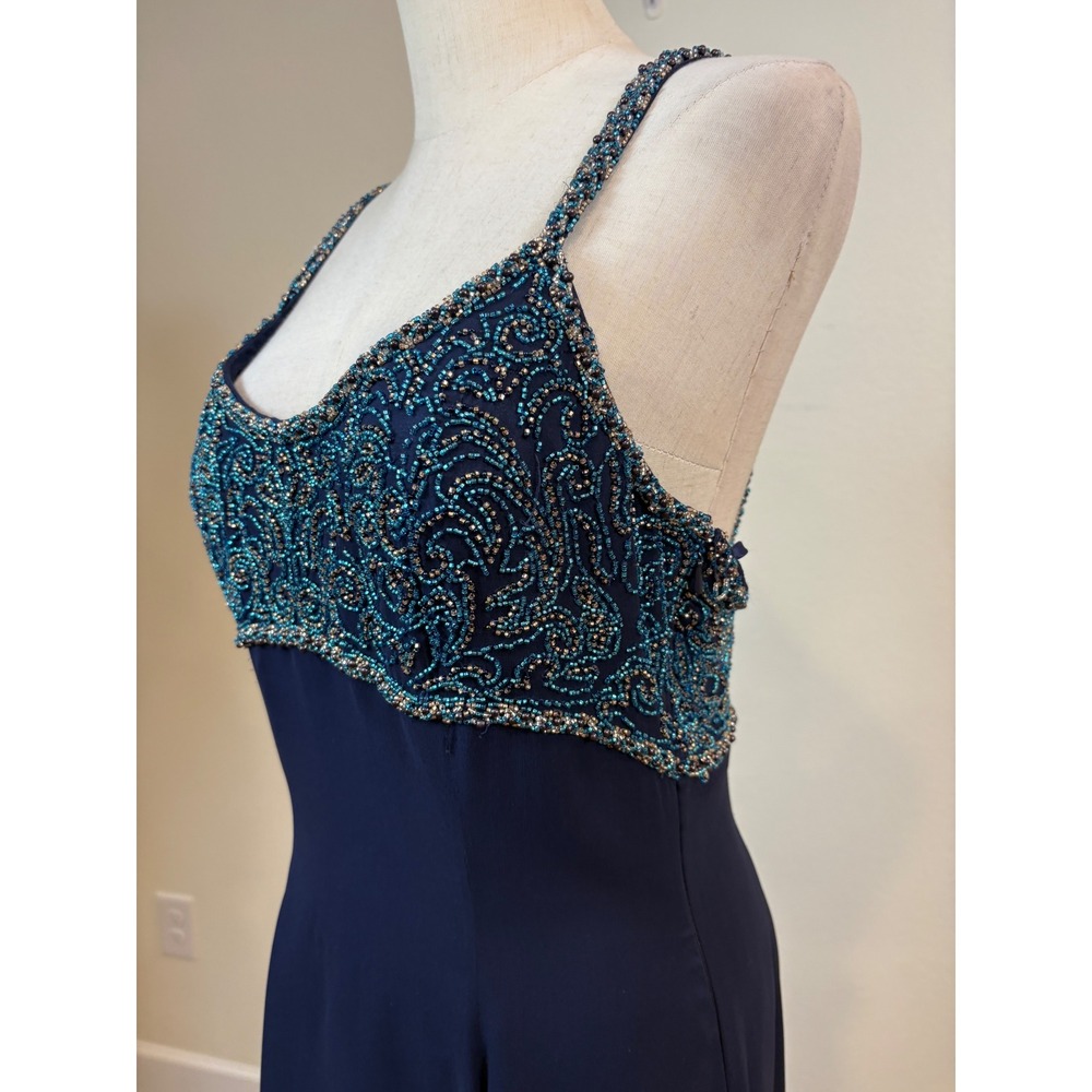 Vtg Fleur De Lis Silk Maxi Dress 12 Navy Blue Beaded Formal Gown Whimsy Ethereal - Picture 4 of 10